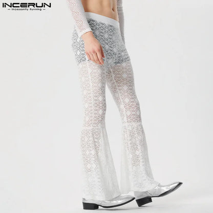 INCERUN 2024 Summer Pants Lace Hollow Long Flared Pants Solid Transparent Trouser Elastic Waist Trousers Men Clothing Streetwear