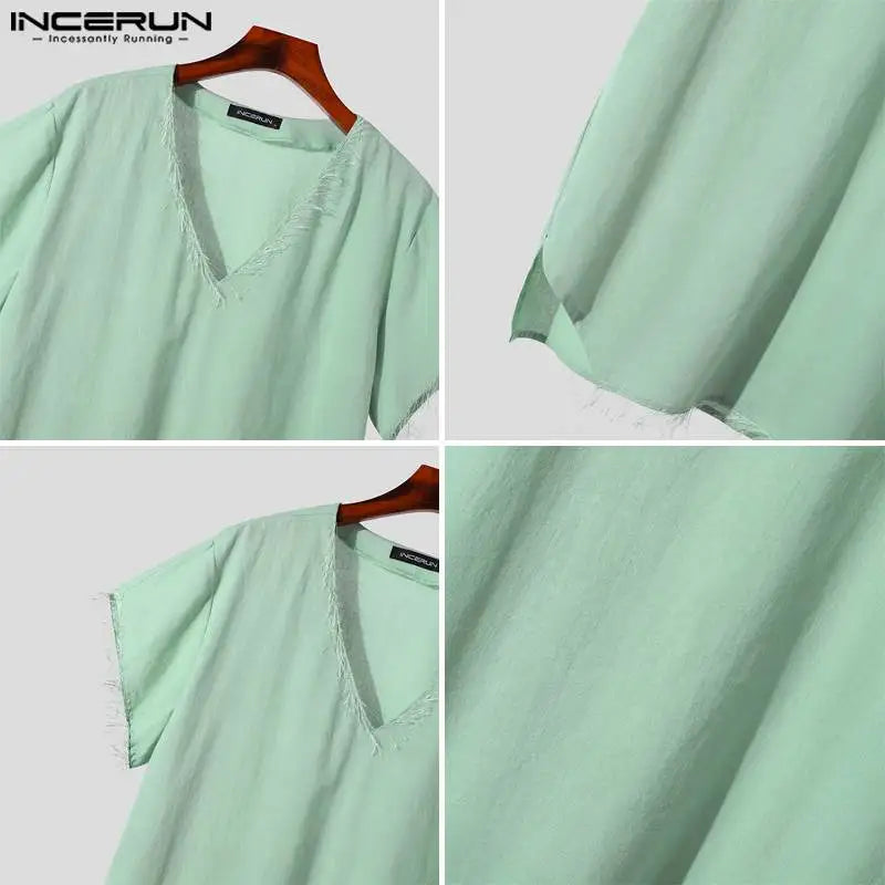 INCERUN Tops 2024 American Style Men's Simple V-neck Design T-shirts Summer Casual Streetwear Solid Short Sleeved Camiseta S-5XL