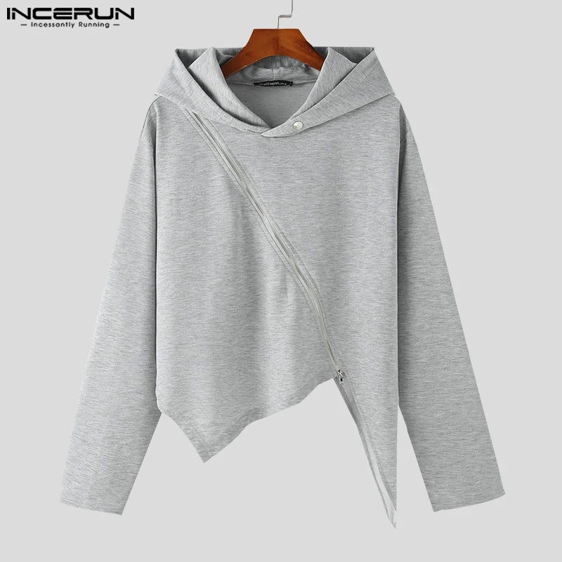 INCERUN Tops 2023 Style coréen Hommes Irrégulier Diagonale Fermeture Éclair Conception Sweat À Capuche Loisirs Mâle Solide À Capuche À Manches Longues Pull S-5XL