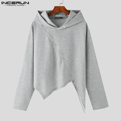 INCERUN Tops 2023 Korean Style Mens Irregular Diagonal Zipper Design Hoodie Leisure Male Solid Hooded Long Sleeved Sweater S-5XL