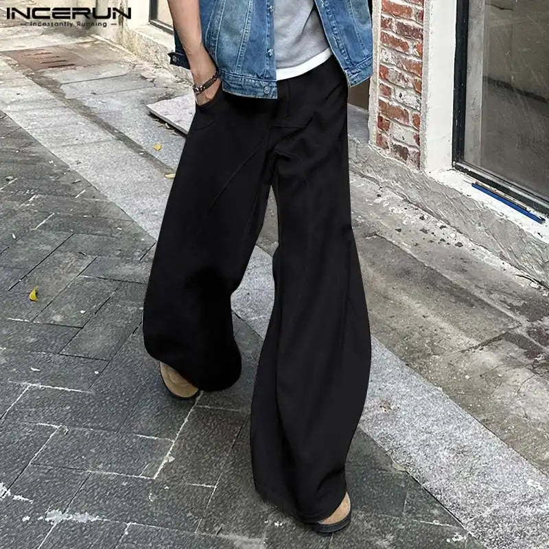 INCERUN 2024 Korean Style Trousers Men Loose Split Line Design Wide Leg Pantalons Fashion Clubwear Male Solid Flared Pants S-5XL