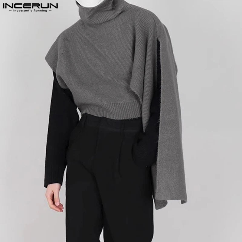 INCERUN Tops 2023 Korean Style Men's Cape Knitted High Necked Pullovers Stylish Irregular Cape Knitted Turtleneck Sweater S-5XL