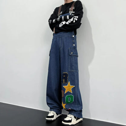 HOUZHOU Y2K Cargo Jeans Jumpsuit for Men Streetwear Hip Hop Punk Loose Denim Bodysuits Overalls Male Japanese Print Pocket Pants