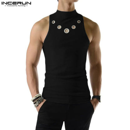 INCERUN Tops 2023 American Style New Men's Half High Collar Mesh Hollowed Tank Tops Leisure Sports Solid Color Knit Vests S-5XL