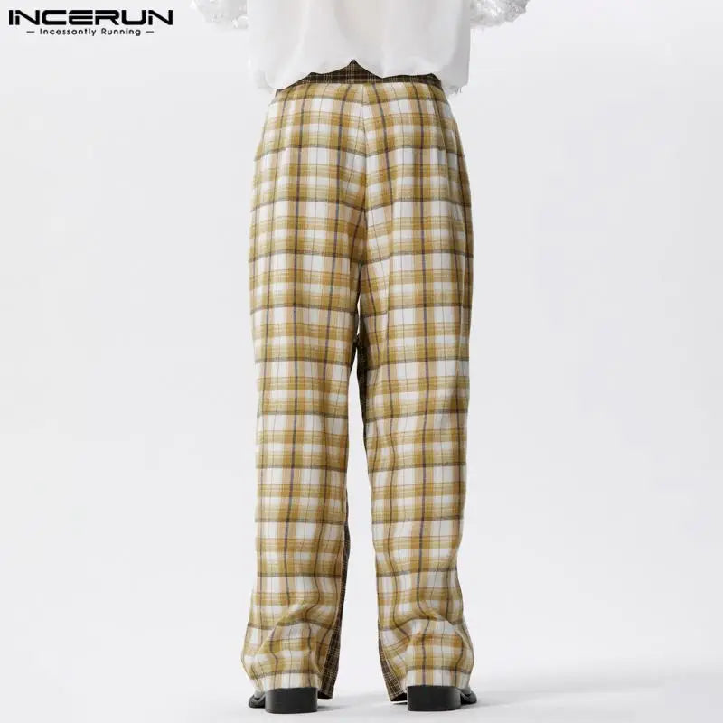 INCERUN 2024 American Style Trousers New Men Plaid Patchwork Long Pants Fashion Elegant Male Hot Sale Streetwear Pantalons S-5XL