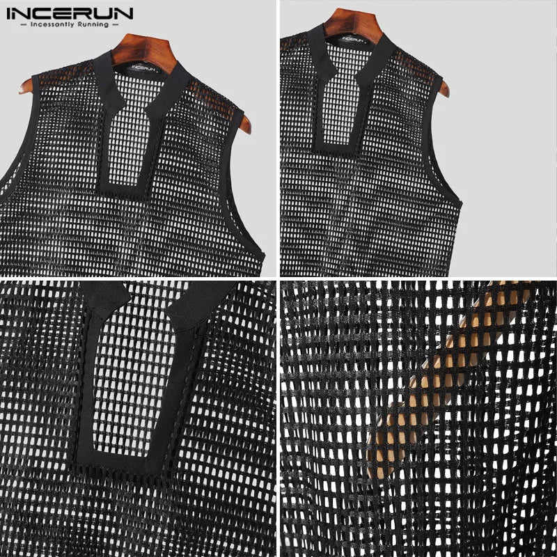 Stylish Hot Sale Tops INCERUN Men's Checkered Hollowed Mesh Stand Neck Vests Summer Leisure Male Thin Sleeveless Tank Tops S-5XL