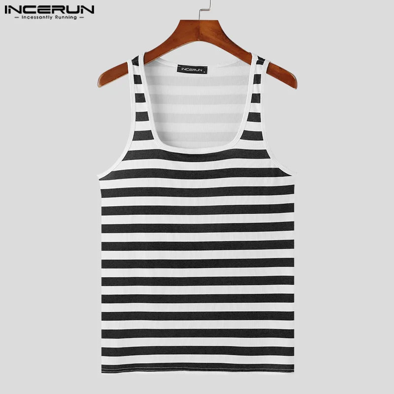 INCERUN Men's Striped Tank Tops Square Collar Sleeveless Fitness Summer Male Vests Streetwear 2024 Fashion Casual Men Clothing