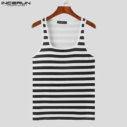 INCERUN Männer Gestreiften Tank Tops Quadrat Kragen Ärmelloses Fitness Sommer Männlichen Westen Streetwear 2024 Mode Casual Männer Kleidung