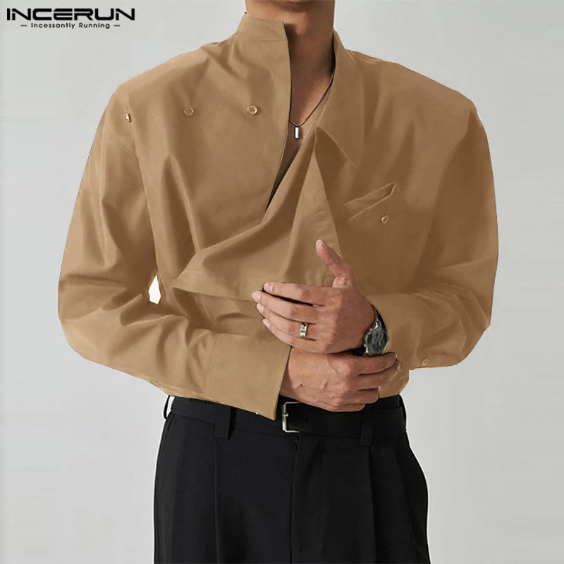 Chemise irrégulière pour hommes 2023 Couleur unie Col montant Lâche Manches longues Décontracté Hommes Vêtements Streetwear Mode Hommes Chemises INCERUN