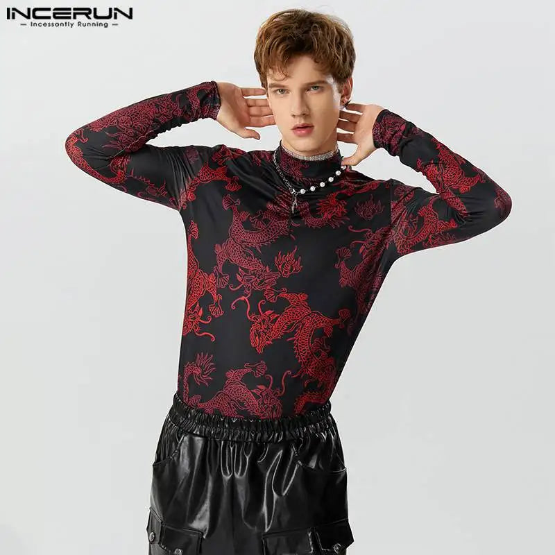 INCERUN Tops 2023 Style Américain Mode Hommes Rétro Dragon Totem Motif T-shirts Décontracté Personnalisé À Manches Longues Camiseta S-5XL