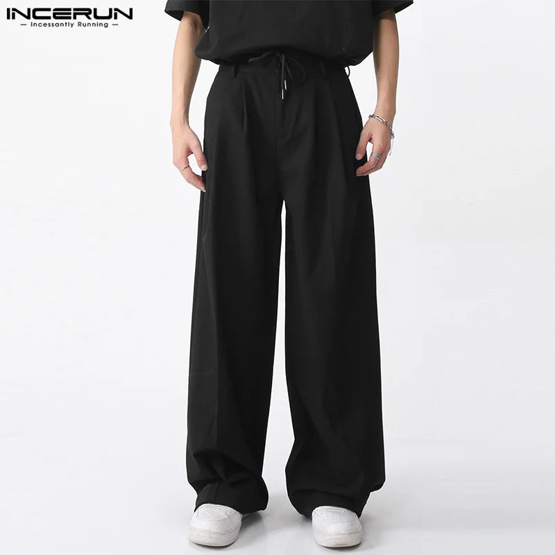 INCERUN 2024 Hübsche Neue Männer Hosen Einfache Schnürung Kordelzug Lange Hose Freizeit Streetwear Lose Gerade Bein Pantalons S-5XL