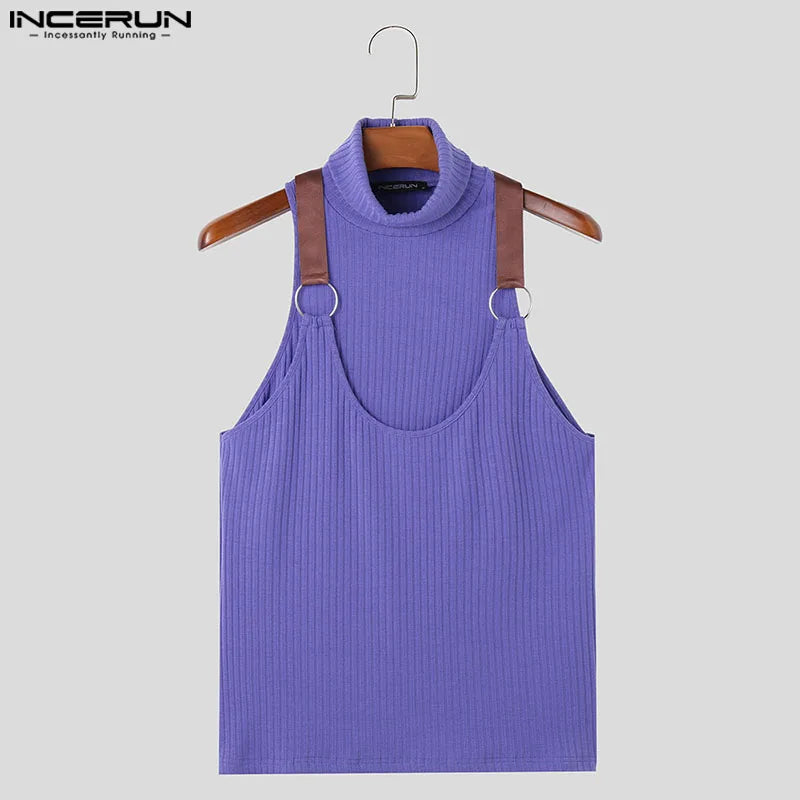 INCERUN Tops 2024 Style coréen Hommes tricotés faux deux pièces col haut gilets élégant streetwear solide sans manches débardeurs S-5XL