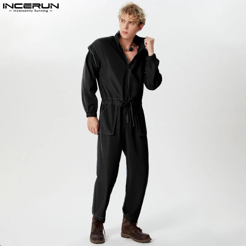 Fashion Casual Style Bodysuits INCERUN Men's Contrast Color Line Jumpsuits Male All-match Personality Long Sleeved Rompers S-5XL