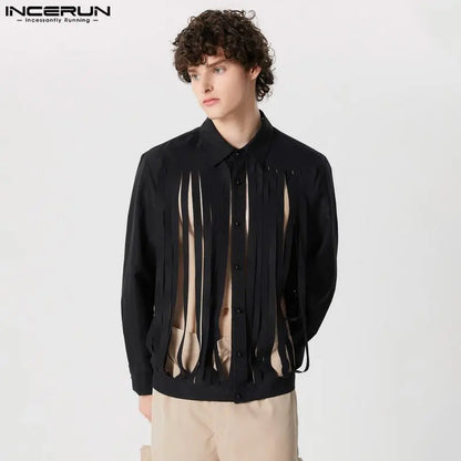 INCERUN Tops 2024 American Style Casual Men Solid Tassel Design Shirts Fashion Clubwear Hot Sale Long Sleeved Lapel Blouse S-5XL