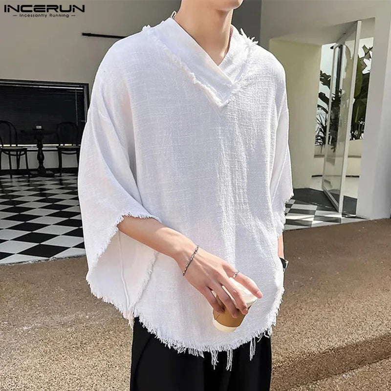 Stylish Casual Style Tops INCERUN 2024 New Mens Textured Tassel V-neck Design T-shirts Summer Male Medium Sleeved Camiseta S-5XL