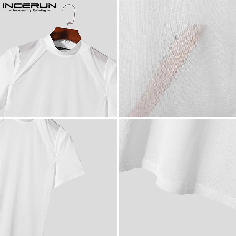 INCERUN Tops 2024 Style coréen Nouveaux hommes Sexy Mesh Transparent T-shirts Mode Homme Demi-Col Haut Manches Courtes Camiseta S-5XL