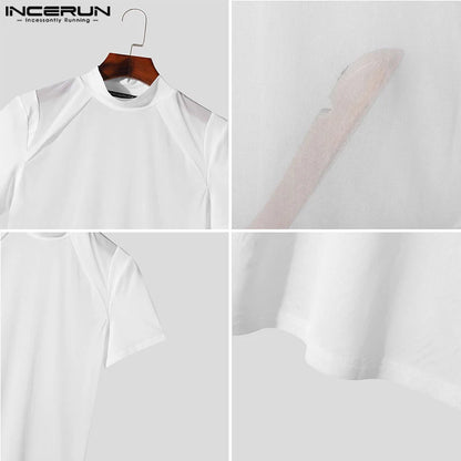 INCERUN Tops 2024 Koreanische Stil Neue Männer Sexy Mesh Sehen Durch T-shirts Mode Männlichen Hälfte Stehkragen Kurzarm camiseta S-5XL