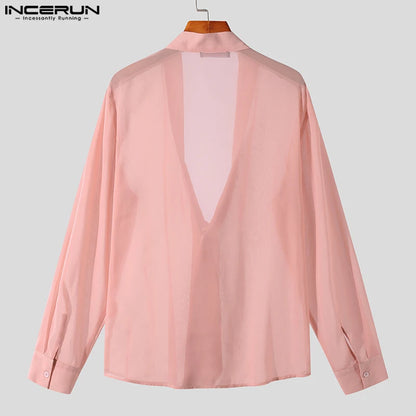 Sexy Fashionable Style Tops INCERUN Handsome Men's Knot Neck See-through Mesh Shirts Casual Party Solid Long Sleeve Blouse S-5XL