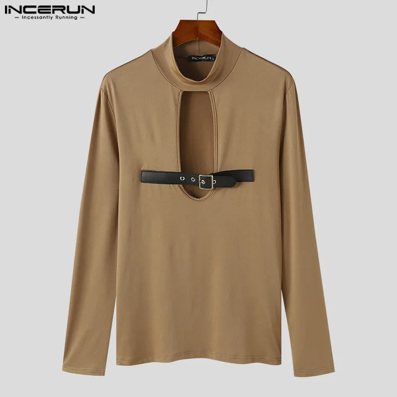 INCERUN Tops 2024 Sexy Men Leather Buckle Loop Hollow Knitted T-shirts Fashion Male Semi High Neck Solid Long Sleeved Tees S-5XL