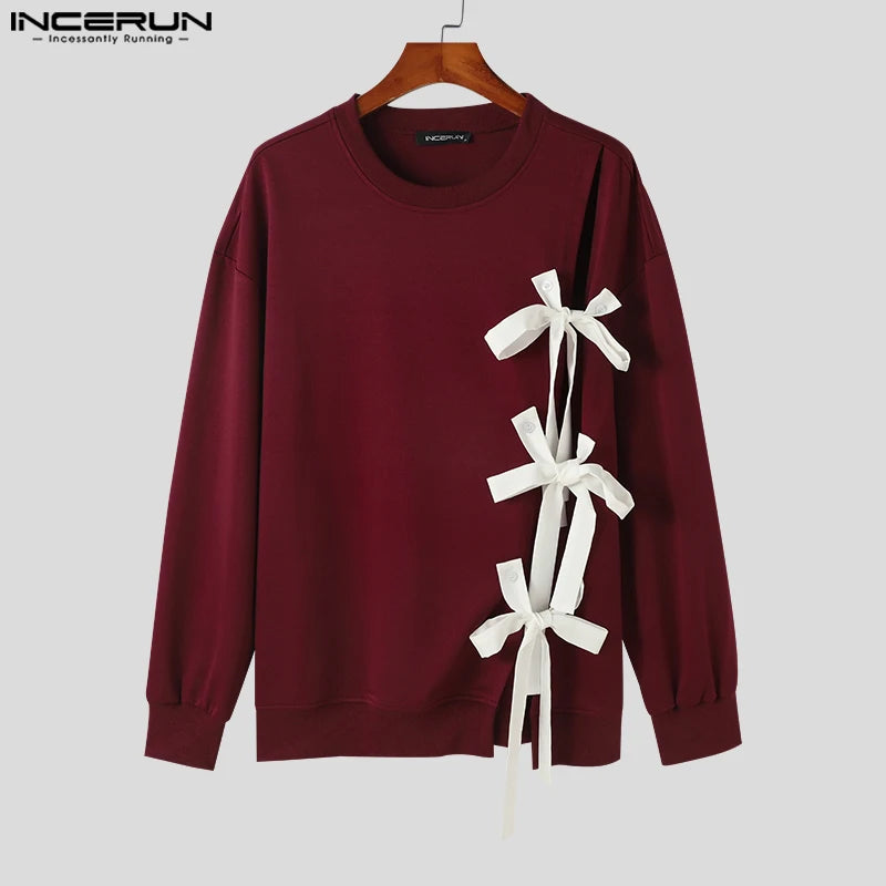 Fashion Well Fitting Tops INCERUN 2024 Men O-neck Bow Ribbon Design Sweater Casual Streetwear Solid Long Sleeved Pullovers S-3XL