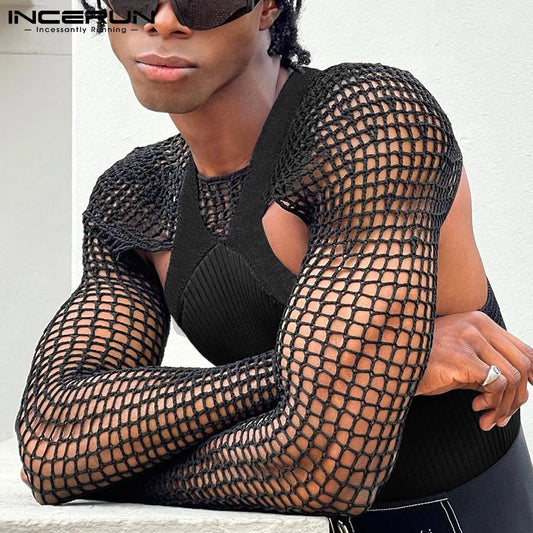 Fashion Casual Men Vest Camiseta Suit 2 Pieces Sexy Leisure Male Short Vests Hollow Breathable Mesh T-shirts S-5XL INCERUN 2023