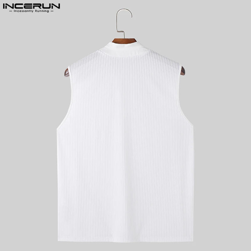 INCERUN Tops 2024 Korean Style Men Solid Knitted Texture Design Vests Casual Simple Male Stand Collar Sleeveless Tank Tops S-5XL