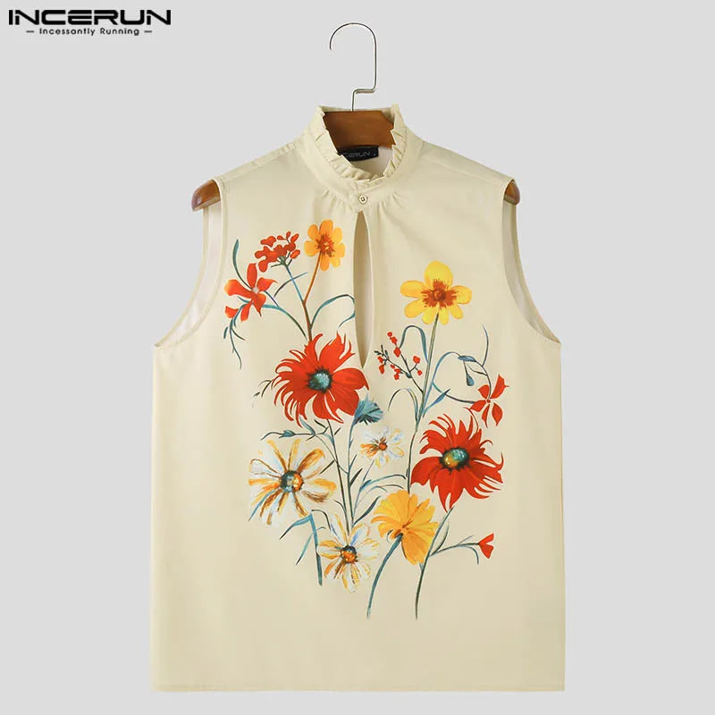 INCERUN Tops 2024 Handsome Men's Stylish Floral Print Pattern Vests Leisure Streetwear All-match Semi High Neck Tank Tops S-5XL