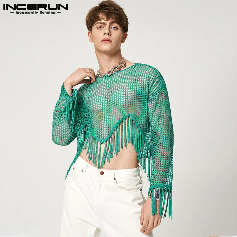 Stylish Well Fitting Tops INCERUN New Men's Knitted Hollow Mesh T-shirts Sexy Breathable Tassel Short Long Sleeve Camiseta S-5XL