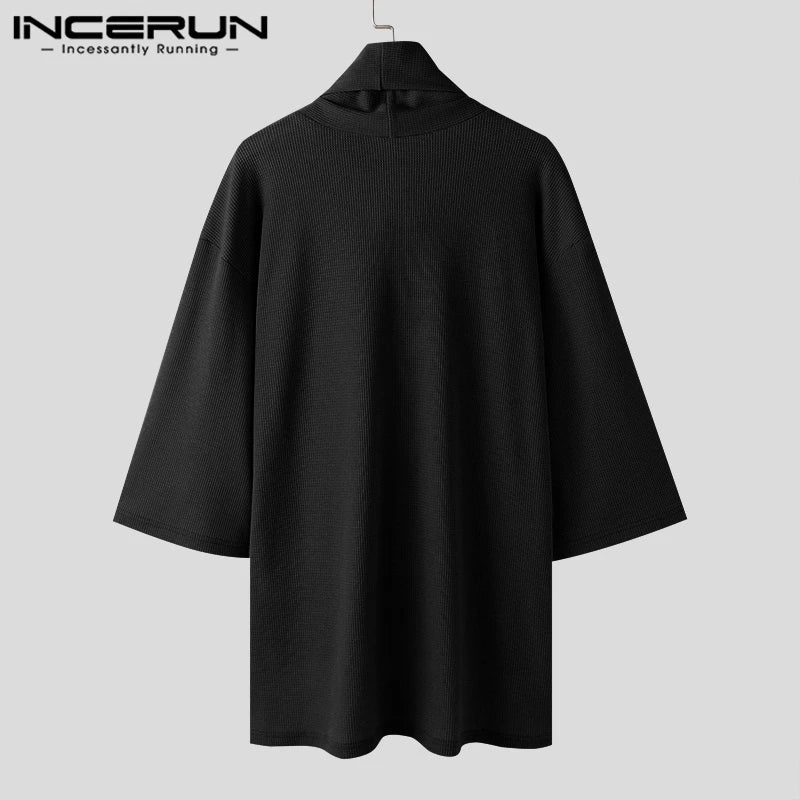 INCERUN Tops 2024 Korean Style Fashion Men's Scarf Pile Collar Design T-shirts Casual Solid Three-quarter Sleeved Camiseta S-5XL