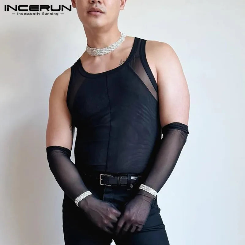 INCERUN Tops 2024 Style Américain Mode Hommes Haute Extensible Maille Transparent Gilets Été Décontracté Mince Sans Manches Débardeurs S-5XL