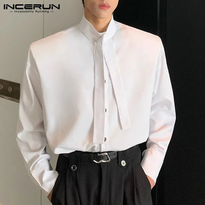 INCERUN Tops 2024 Korean Style New Men's Solid Bow Tie Design Blouse Casual Fashion Male Shoulder Pad Long Sleeved Shirts S-5XL