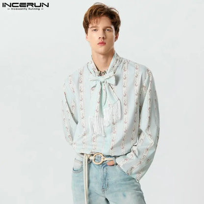 2023 Men Shirt Printing Tassel Lace Up Long Sleeve Casual Men Clothing Autumn Streetwear Fashion Elegant Camisas S-5XL INCERUN