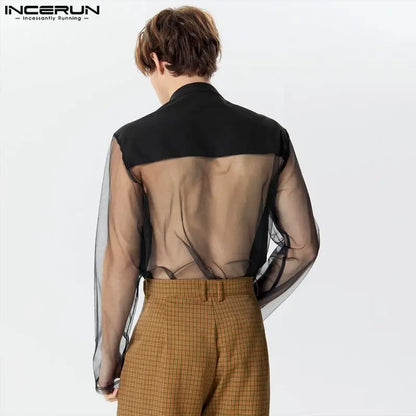 INCERUN Tops 2024 American Style New Mens Front Swing Collar Patchwork Mesh Shirts Casual Sexy Solid Medium Sleeved Blouse S-3XL