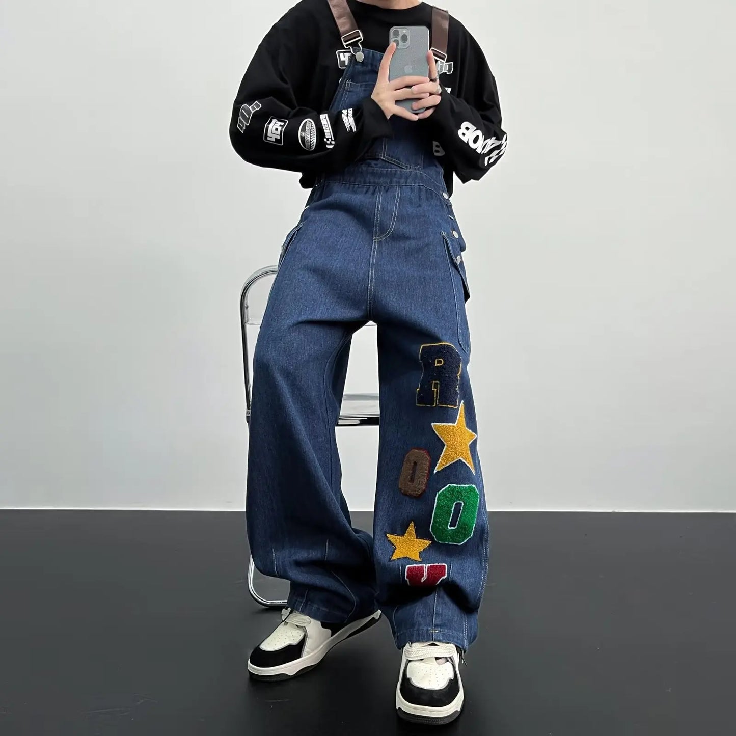 HOUZHOU Y2K Cargo Jeans Jumpsuit for Men Streetwear Hip Hop Punk Loose Denim Bodysuits Overalls Male Japanese Print Pocket Pants