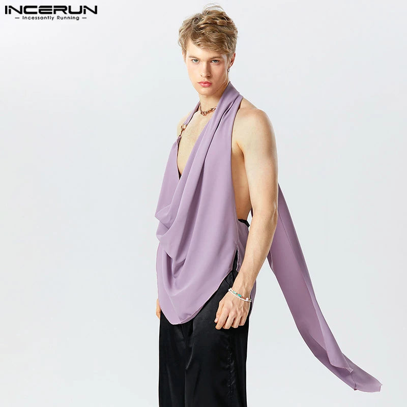 INCERUN Tops 2023 American Style Men's Loose Fitting Long-style Solid All-match Tank Tops Casual Party Swing Collar Vests S-5XL