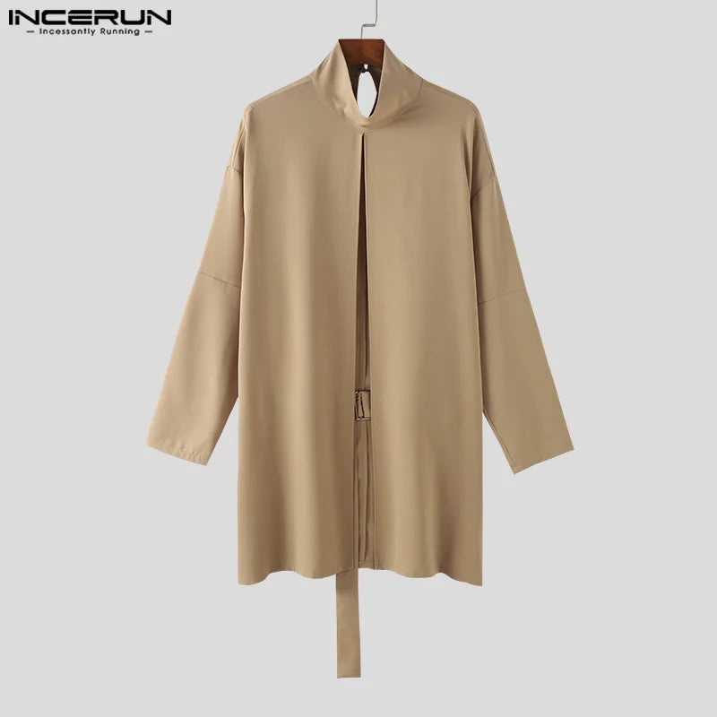 INCERUN 2024 Men Cloak Coats Solid Color Turtleneck Long Sleeve Casual Trench Loose Open Stitch Streetwear Fashion Male Ponchos