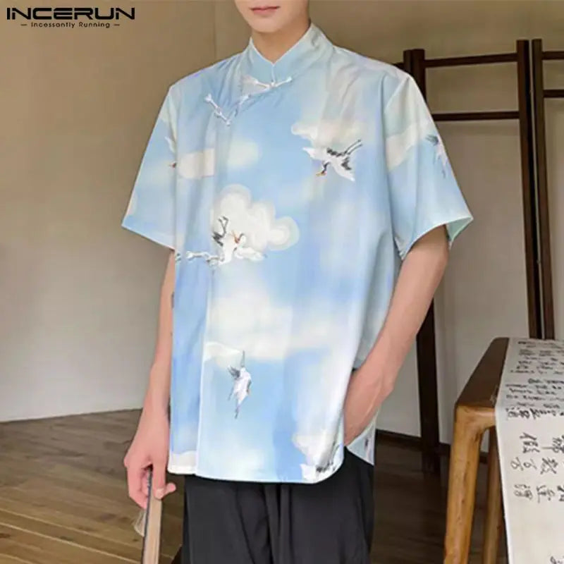 Handsome Well Fitting Tops INCERUN Men Crane Print Buckle Design Shirts Summer Casual Male Stand Neck Short Sleeved Blouse S-5XL