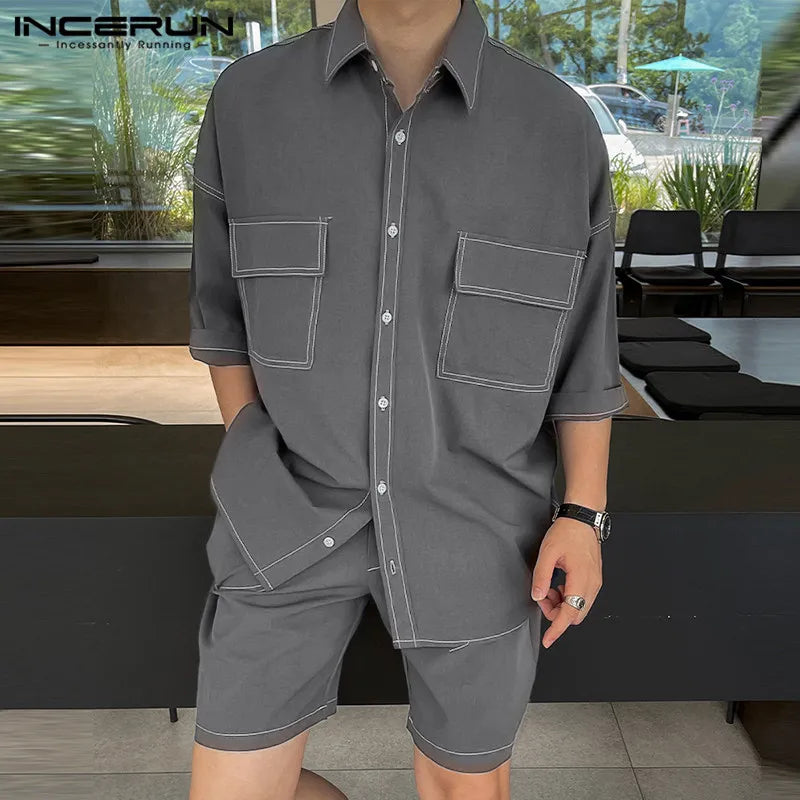 INCERUN 2024 Korean Style Leisure Mens Sets Line Splicing Design Short Sleeved Shirt Shorts Simple All-match Suit 2 Pieces S-5XL