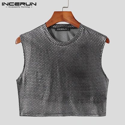 Fashion Casual Men's Waistcoat Sleeveless Silver Comfortable Tank Tops Stylish Male Party Nightclub Style Crop INCERUN Tops 2024