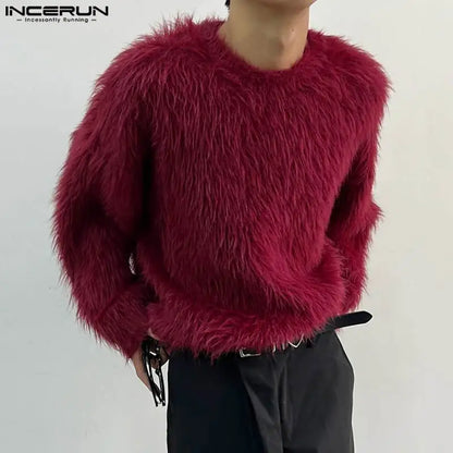 INCERUN Tops 2024 Korean Style Handsome Mens Loose Faux Plush Fabric Pullover Casual Streetwear Solid Long Sleeved Sweater S-5XL