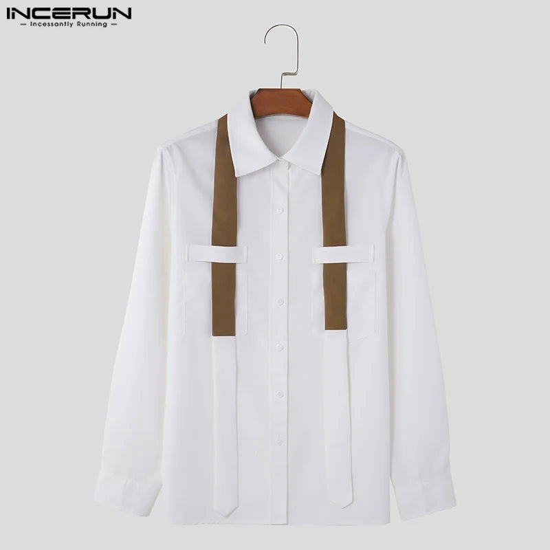 INCERUN Men's Casual Shirt Patchwork Lapel Long Sleeve Button Men Clothing 2024 Korean Style Streetwear Fashion Shirts S-5XL