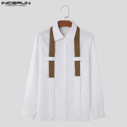 INCERUN Chemise Décontractée Pour Hommes Patchwork Revers Manches Longues Bouton Vêtements Pour Hommes 2024 Style Coréen Streetwear Mode Chemises S-5XL