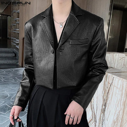 INCERUN Tops 2023 Korean Style Handsome Mens Short Leather Jackets Suit Casual Streetweat Male Long-sleeved Jackets Blazer S-5XL