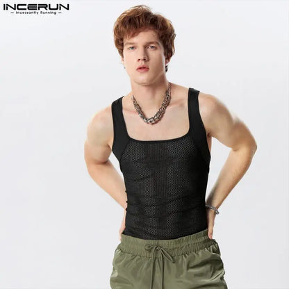 INCERUN Tops 2024 Handsome New Men's Hollowed Out Tight Knit Vests Leisure Streetwear Male Solid Color All-match Tank Tops S-5XL