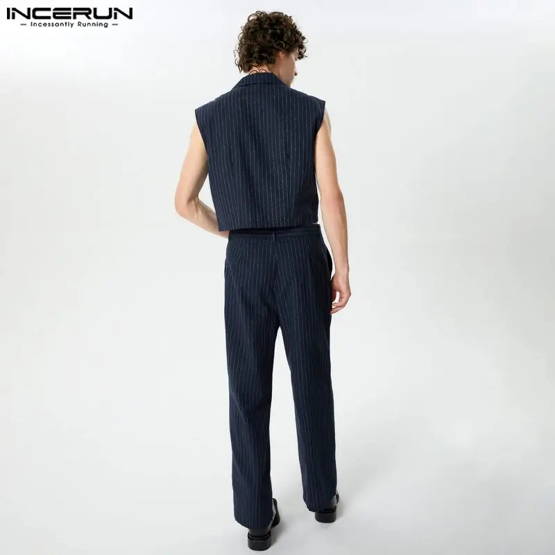 2024 männer Gestreiften Sets Revers Ärmellose Westen &amp; Gerade Hosen 2PCS Streetwear Elegante Mode herren Casual Anzüge S-5XL INCERUN