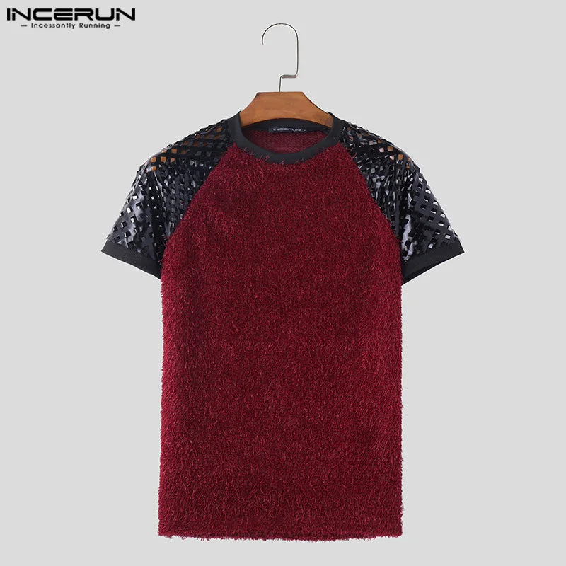 INCERUN Tops 2024 Style américain Nouveaux hommes creux Patchwork daim conception T-shirts personnalité décontractée à manches courtes Camiseta S-5XL