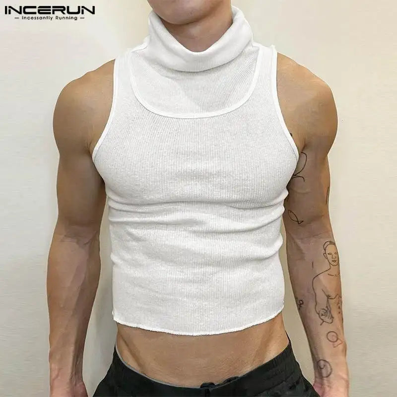 INCERUN Tops 2024 Handsome New Men's Knitted Pit Stripe Design Vests Casual Street Solid High Neck Tight Fitting Tank Tops S-5XL