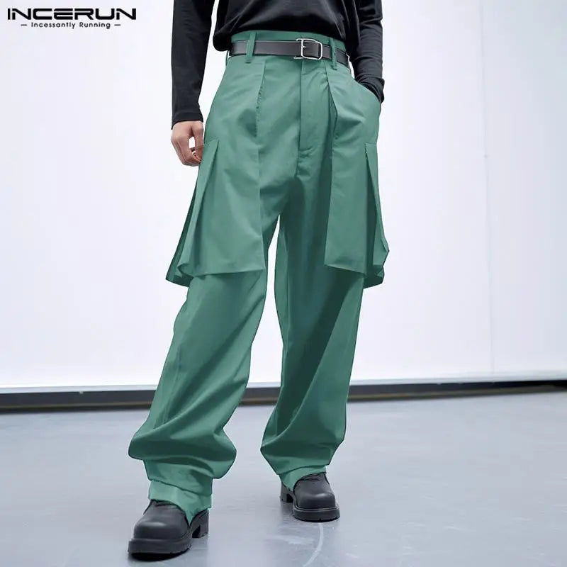 INCERUN 2024 Korean Style Trousers Men Deconstruction Fake Two-piece Design Pantalons Leisure Solid Comfortable Long Pants S-5XL