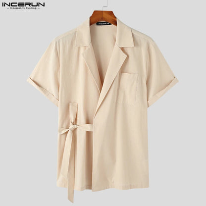 INCERUN Hommes Chemise Revers Manches Courtes À Lacets Coton Été Décontracté Hommes Vêtements Streetwear Couleur Unie 2023 Loisirs Camisas S-5XL