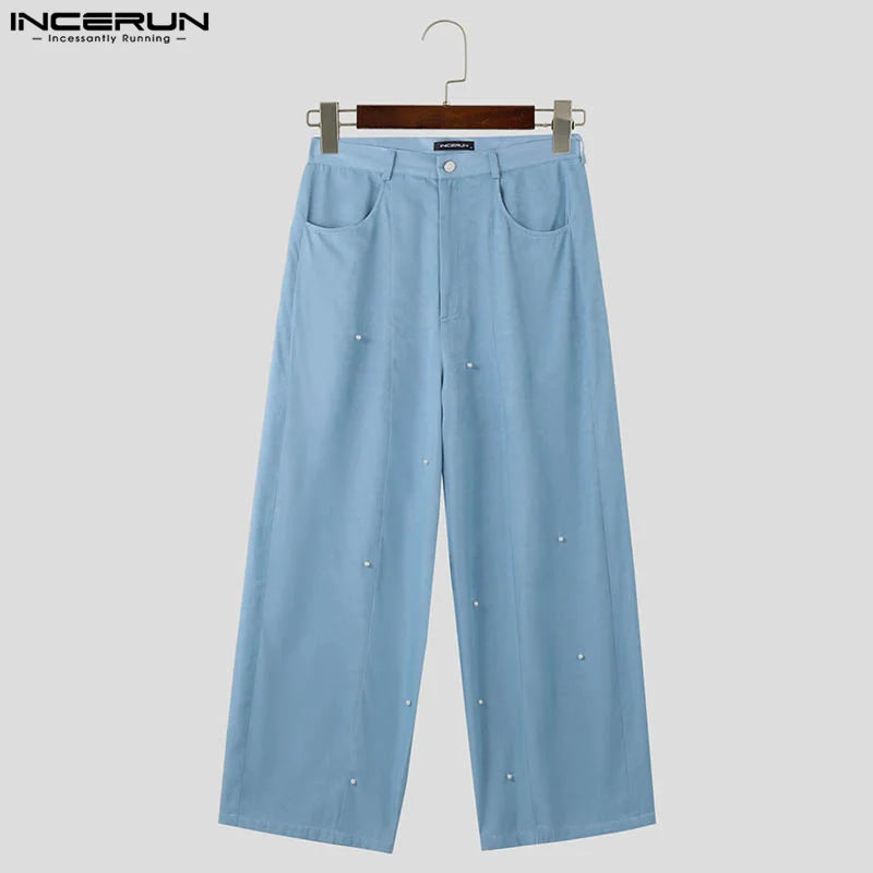 INCERUN 2024 Korean Style Trousers Stylish Men's Pearl Decorative Design Long Pant Leisure Streetwear Male Solid Pantalons S-5XL